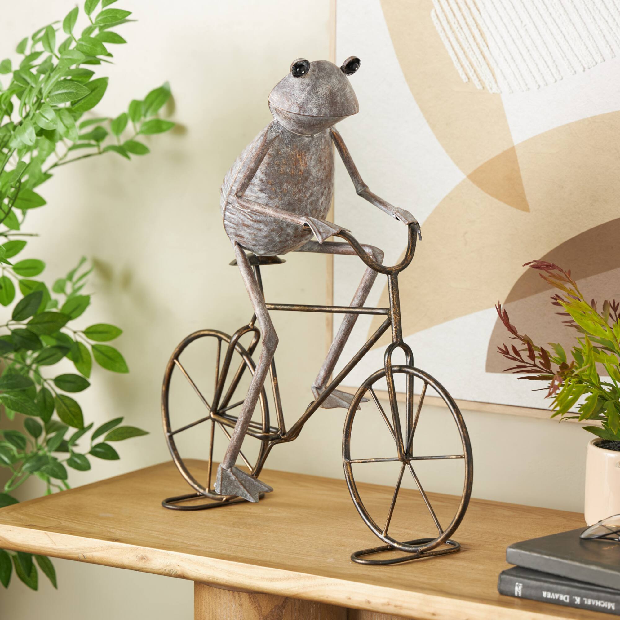19.5" Frog on Bicycle Metal Garden Sculpture with Gold Accents